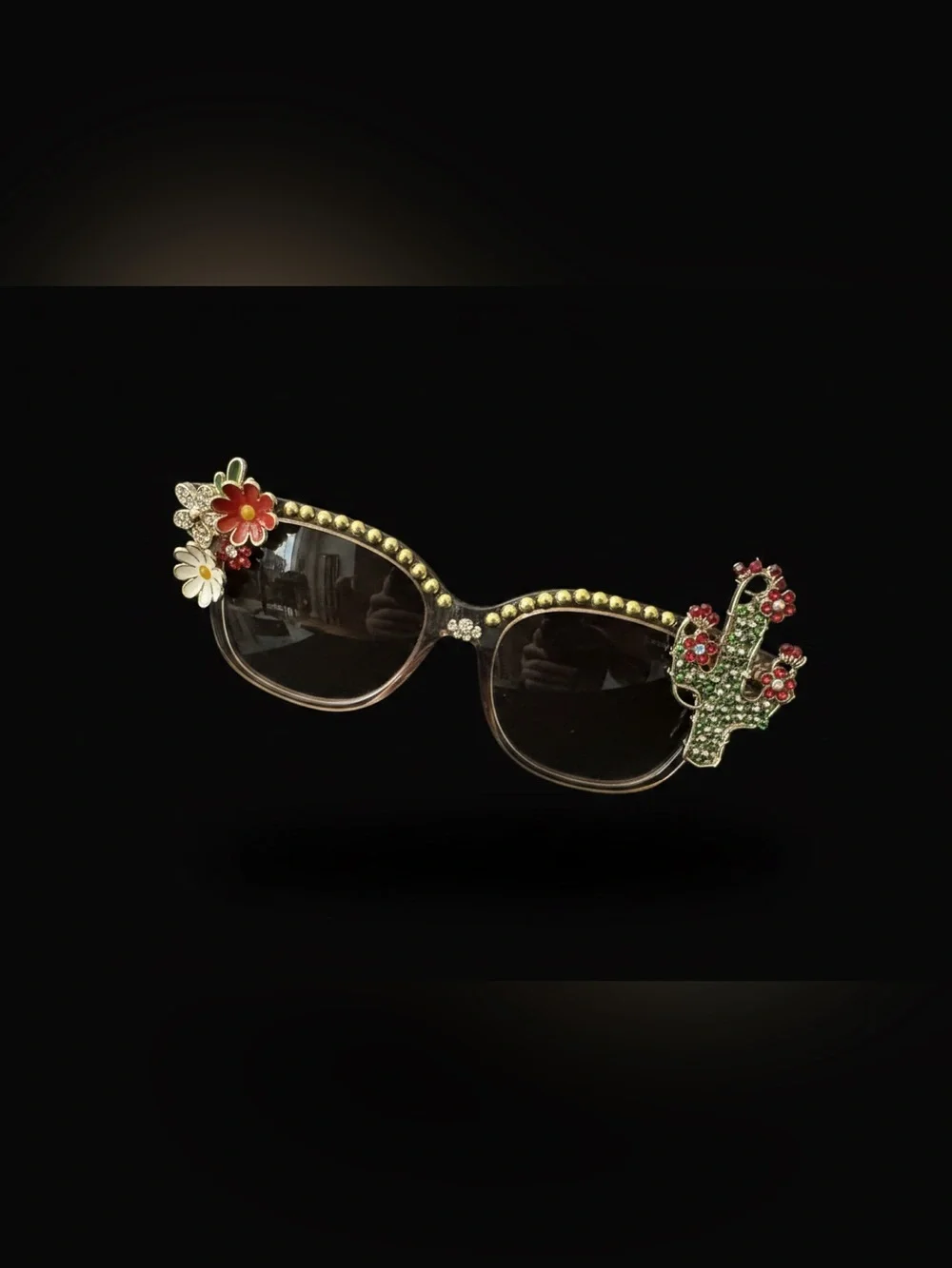 Embellished Flower & Cactus Oversized Sunglasses - Brown‎ Gradient Lenses